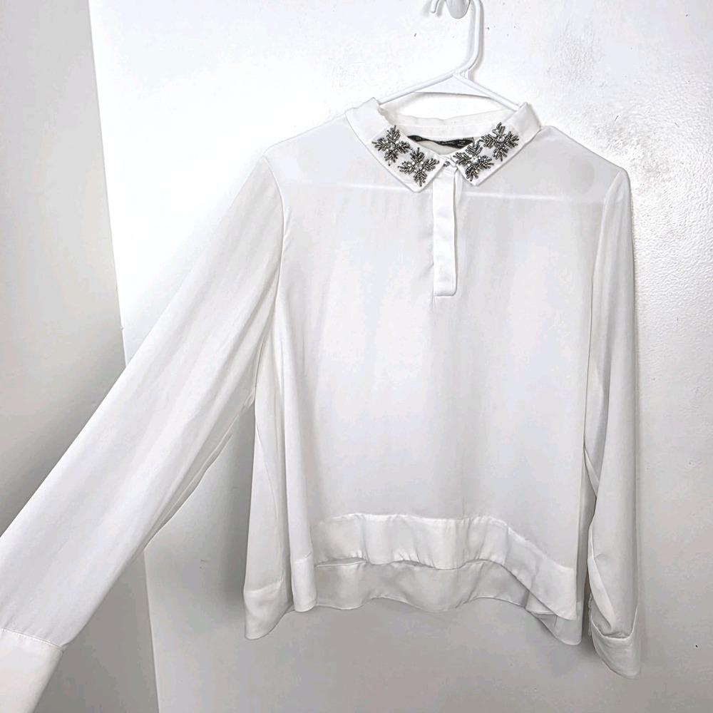 Zara White Semi-Sheer Beaded Boxy Flowy Going Out Preppy Glam Blouse Size XL